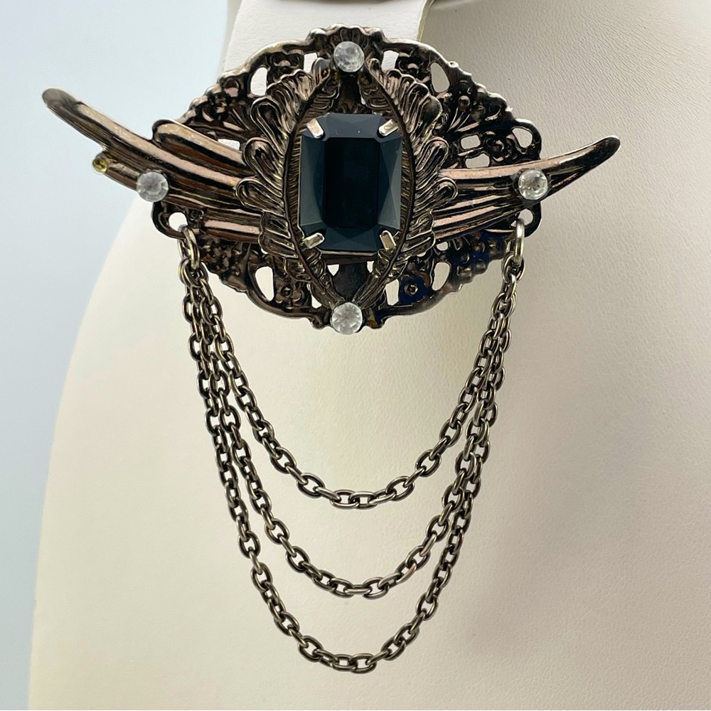 Vintage Gothic Black Acrylic Stone Brooch with Chains & Filigree Accents